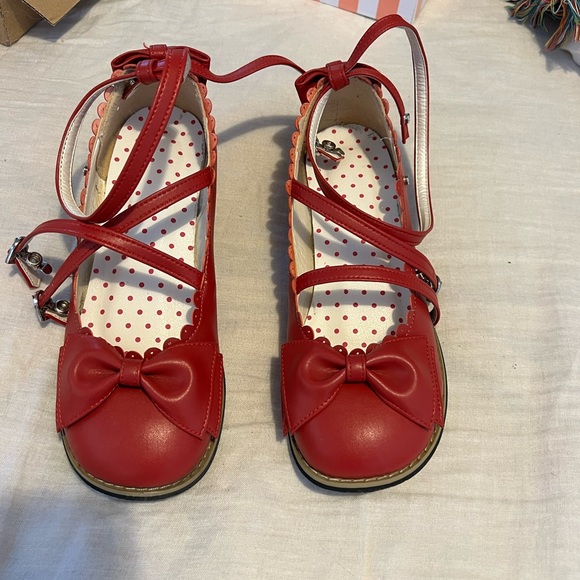 Sosic shop brick red Lolita Mary Jane multi strap flats - Picture 2 of 5